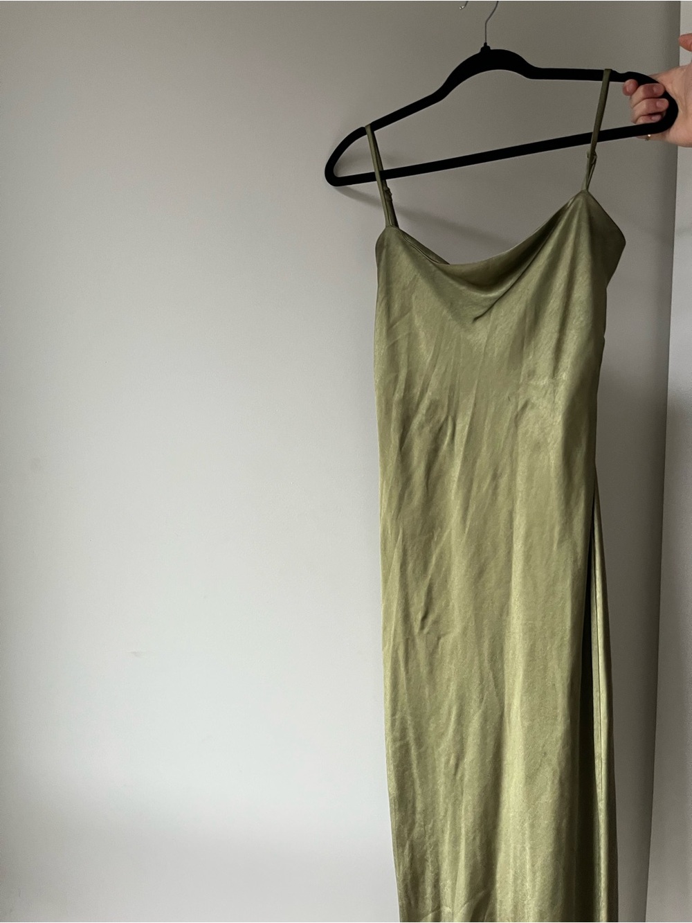 Beginning Boutique Olive Satin Cowl Slip Maxi Dress